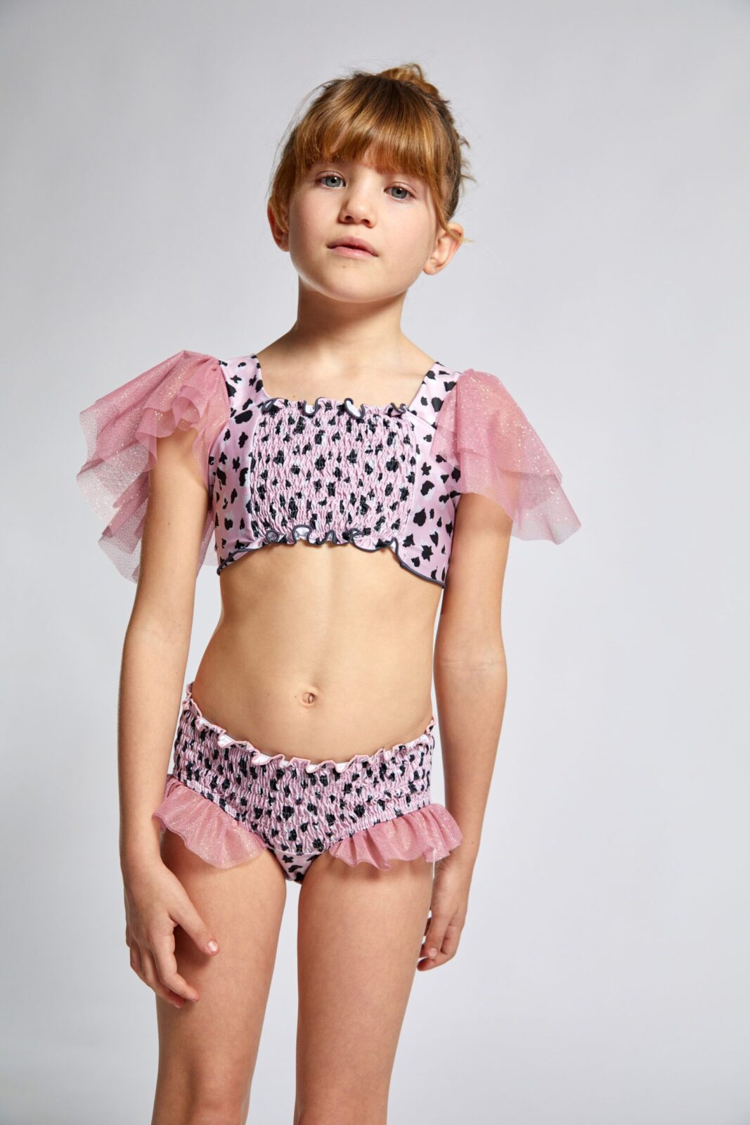Pink, Myrtos Animal Print Short Sleeve Girl Bikini