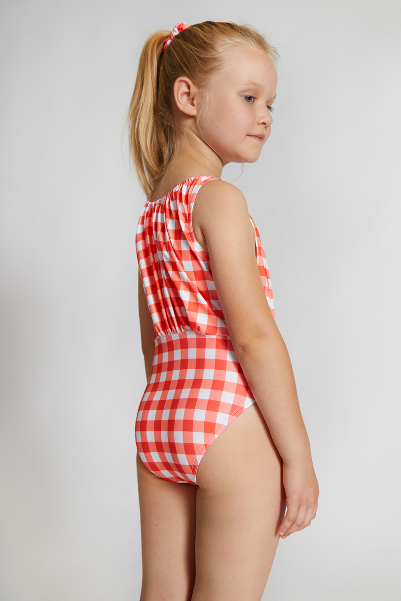 Bari Girl Drapped Red Plaids Swimsuit